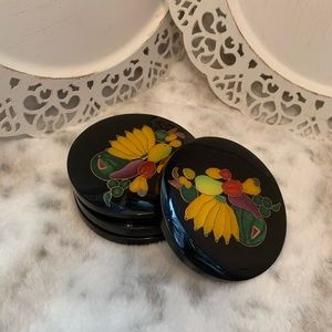 Set of 4 Coasters Black Lacquer and Gold Outlined Enameled Fruit Cloisonné Look